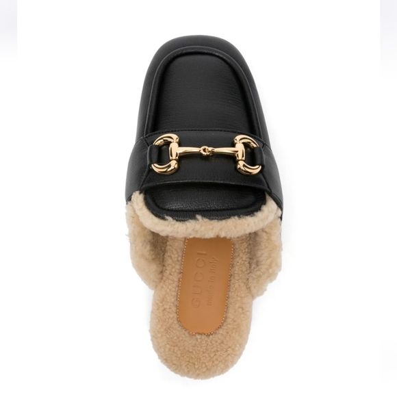 $1190 Gucci Horsebit Sheepskin Leather Sandals Mules Flats Black Sz 36 US 6 NWT - Picture 1 of 10